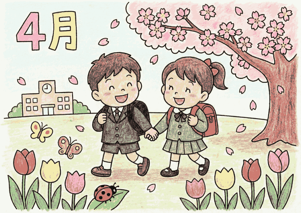 4月の入学式と桜の子ども塗り絵イラスト無料ダウンロード用フリー画像素材