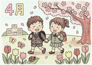 4月の入学式と桜の子ども塗り絵イラスト無料ダウンロード用フリー画像素材