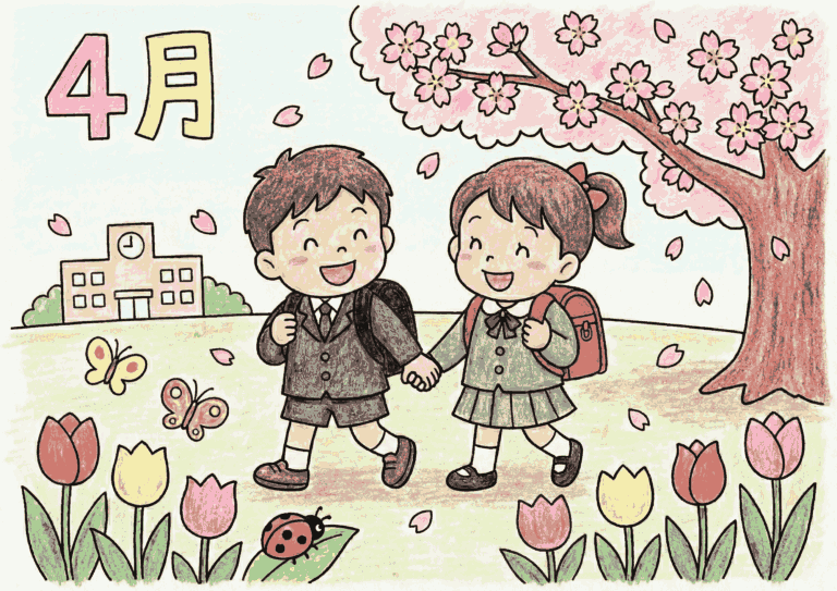 4月の入学式と桜の塗り絵イラスト
