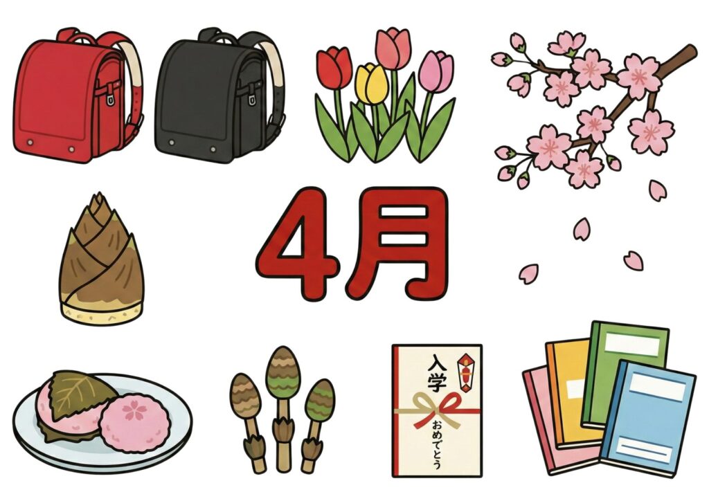 4月モチーフの塗り絵イラスト カラー見本（無料・印刷OK）