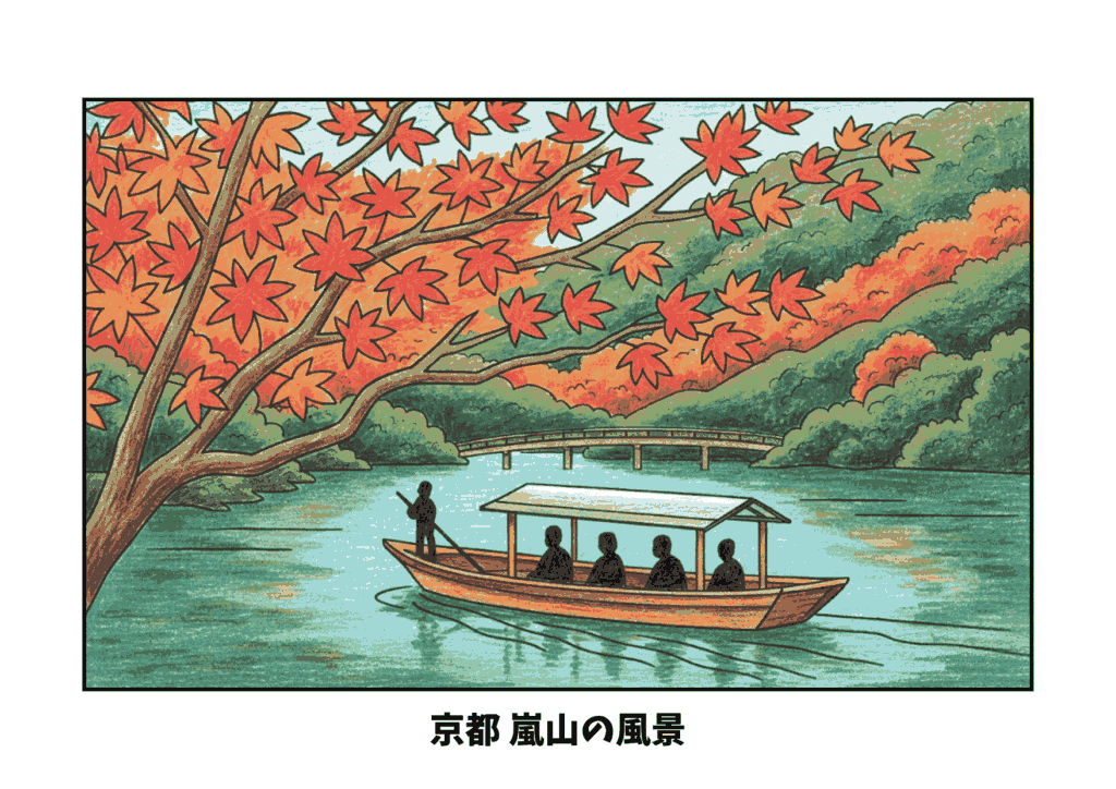 京都嵐山の船の塗り絵｜高齢者向け｜紅葉の秋を感じる見本付き無料ダウンロード