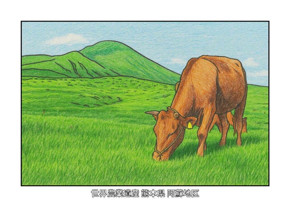 阿蘇の草原と牛の塗り絵イラスト カラー見本（無料・印刷OK）