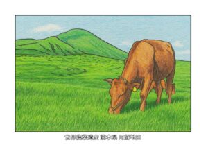阿蘇の草原と牛の塗り絵イラスト カラー見本（無料・印刷OK）
