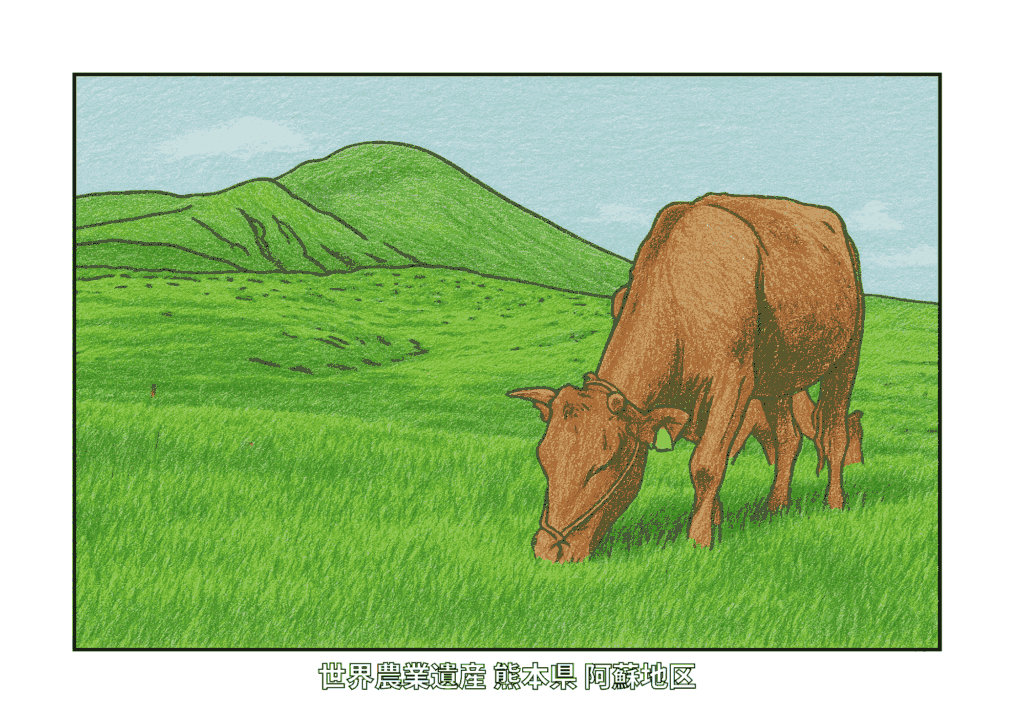 熊本・阿蘇の草原にたたずむ牛と山々を色鉛筆風に描いた大人向け塗り絵。世界農業遺産の風景が楽しめる無料素材。
