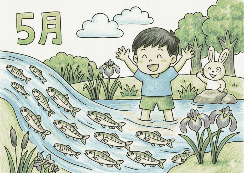 稚鮎の遡上塗り絵イラスト カラー見本 川遊び 男の子 うさぎ カキツバタ 5月