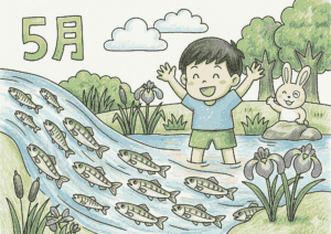 稚鮎の遡上塗り絵イラスト カラー見本 川遊び 男の子 うさぎ カキツバタ 5月