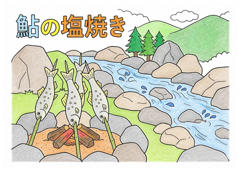 鮎の塩焼きの塗り絵イラスト