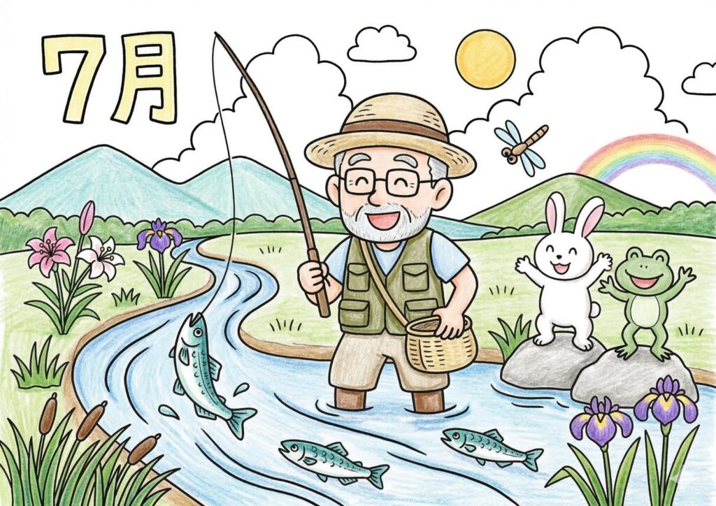 鮎釣りの塗り絵イラスト カラー見本（無料・印刷OK）