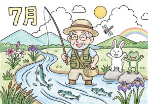鮎釣りの塗り絵イラスト カラー見本（無料・印刷OK）