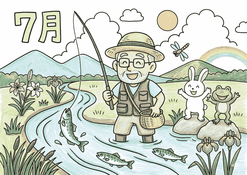 鮎釣りの塗り絵イラスト カラー見本 おじいさん 川釣り うさぎ カエル 7月