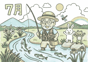 鮎釣りの塗り絵イラスト カラー見本 おじいさん 川釣り うさぎ カエル 7月