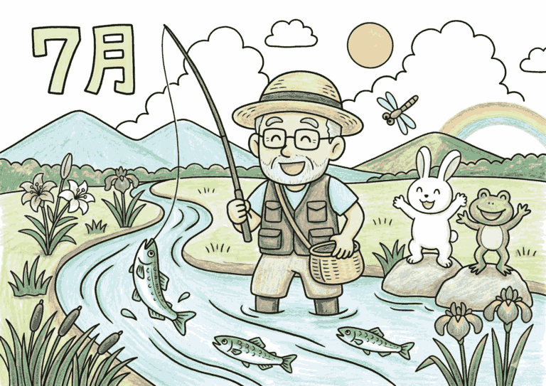 鮎釣りの塗り絵イラスト
