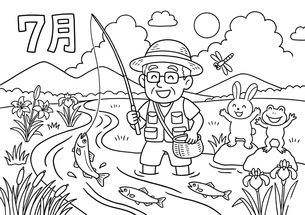 Ayu fishing coloring page, line art — free printable download