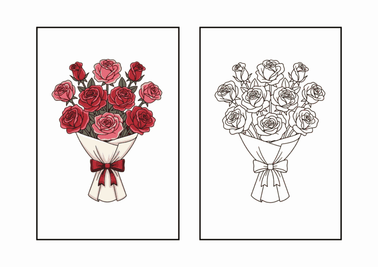 バラの花束の塗り絵イラスト