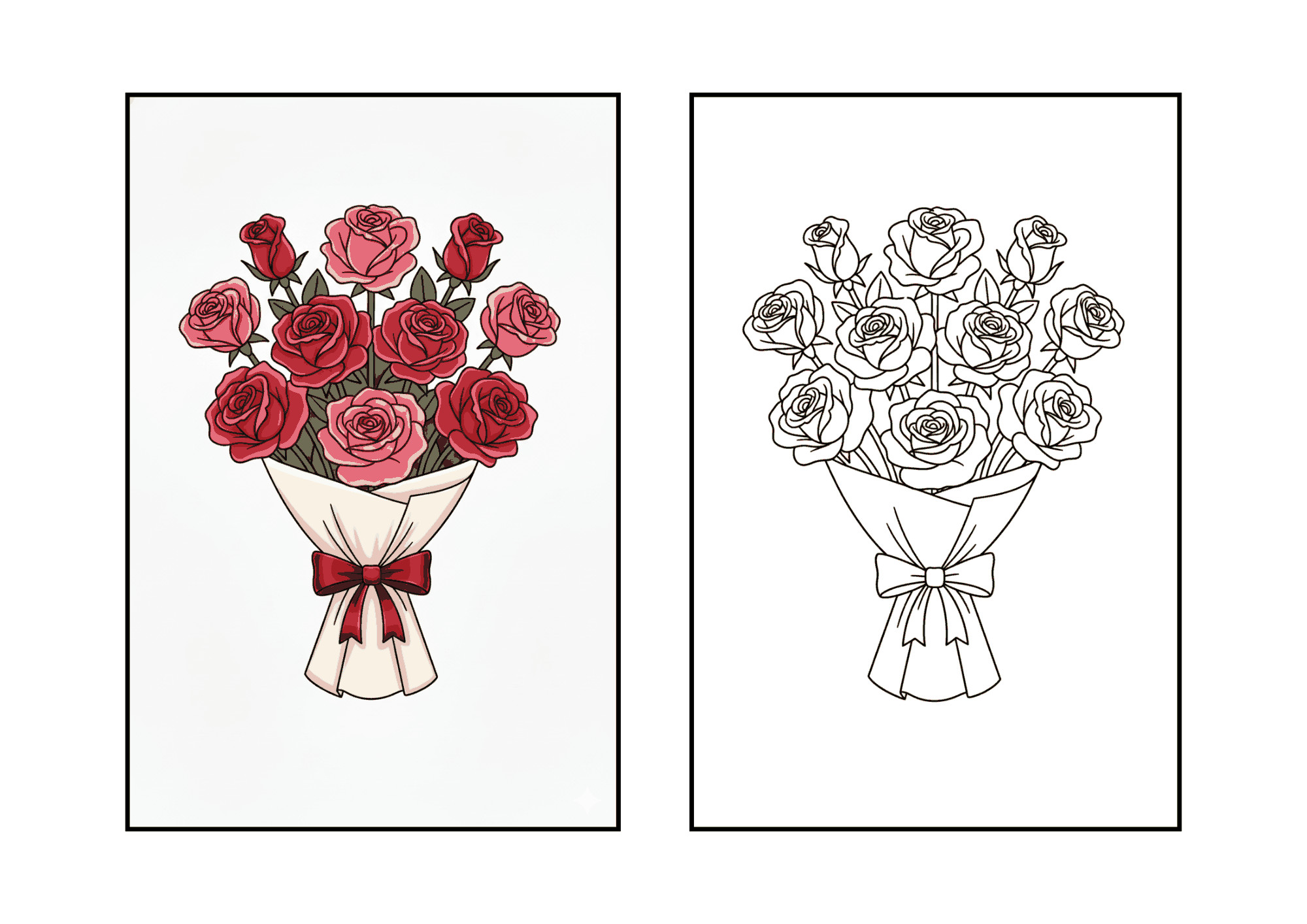 バラの塗り絵|高齢者向け|塗りやすい太線で花束を表現|無料ダウンロード素材
