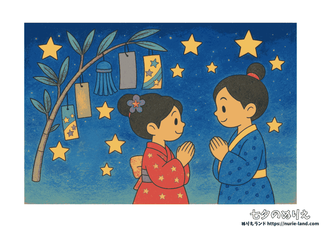 七夕 塗り絵 見本付き｜高齢者向けの無料プリント素材（笹・短冊・織姫彦星）