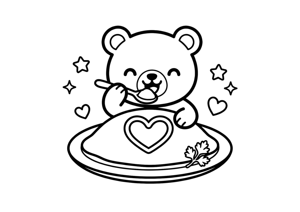 くま×オムライスの塗り絵イラスト 白黒 無料ダウンロード 印刷用