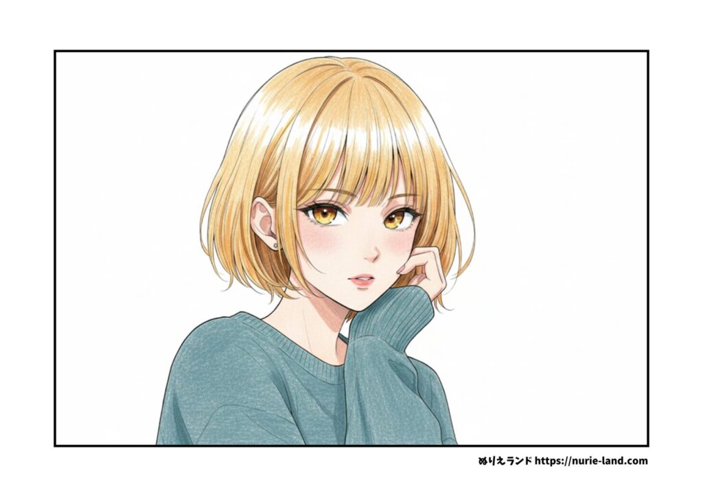 ボブヘア女子の塗り絵イラスト カラー見本（無料・印刷OK）