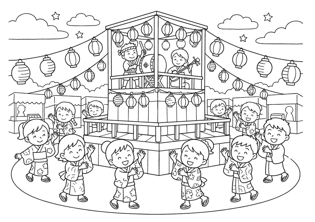 盆踊り 白黒 無料印刷用