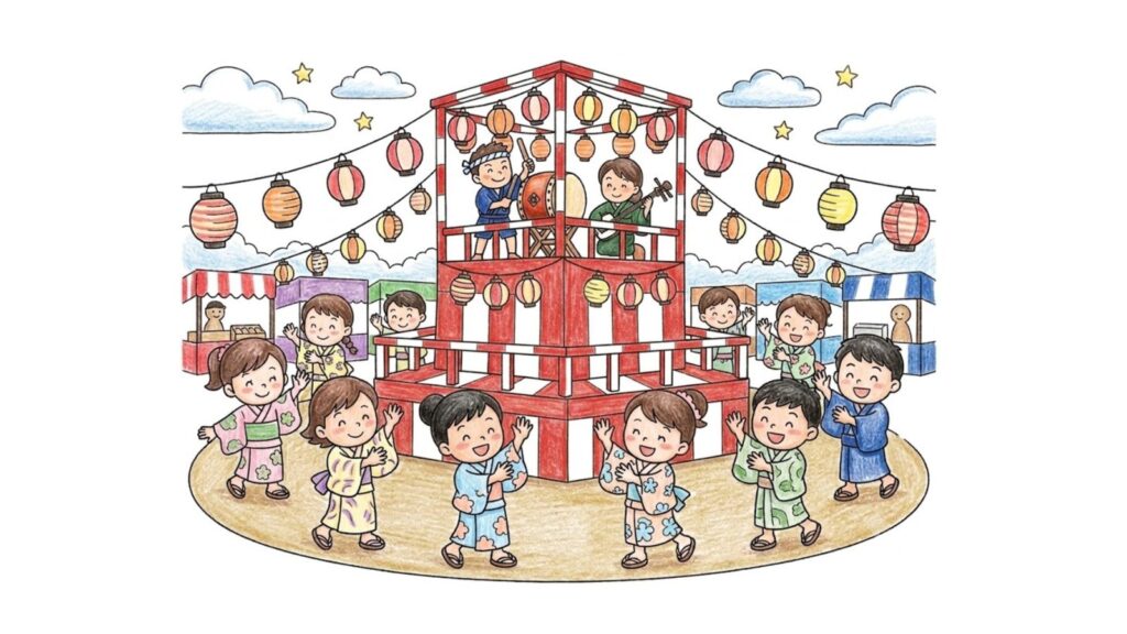 盆踊りの塗り絵イラスト カラー見本（無料・印刷OK）