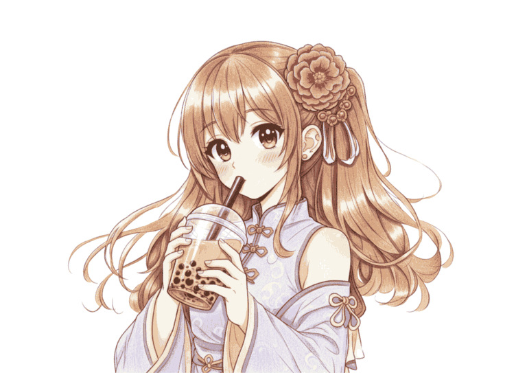 かわいい女の子とタピオカの塗り絵イラスト
