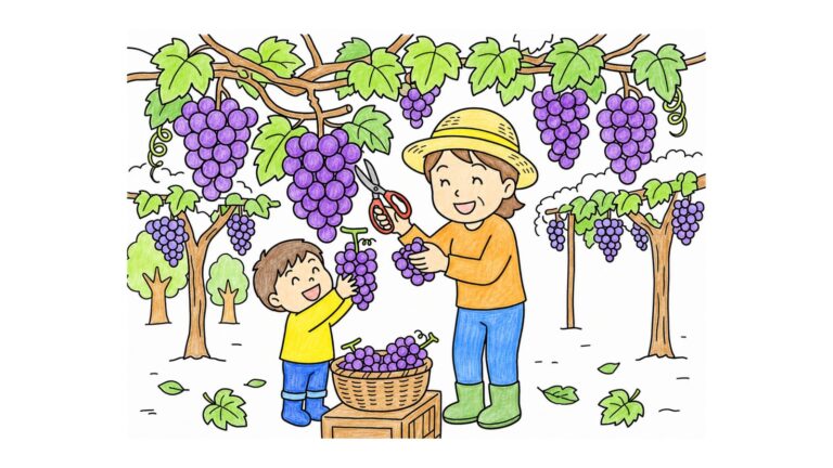 親子でぶどう狩りの塗り絵