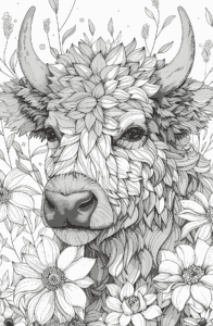 花と牛 大人向けの無料塗り絵 プリントしてダウンロードできます