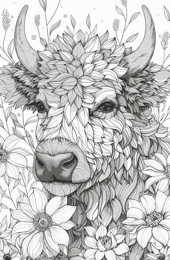 花と牛 大人向けの無料塗り絵 プリントしてダウンロードできます