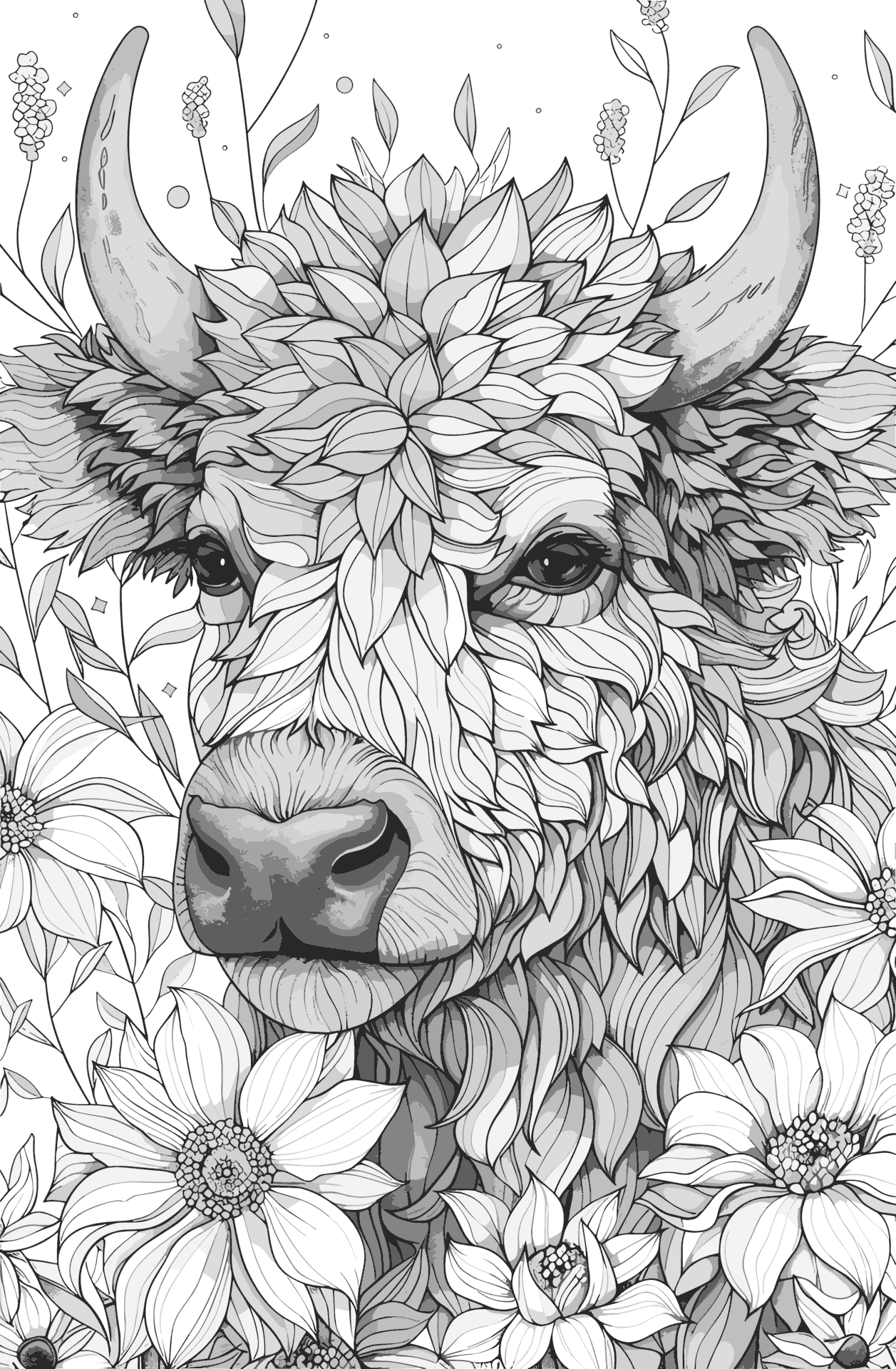 花と牛 大人向けの無料塗り絵 プリントしてダウンロードできます