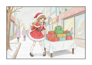 サンタ姿の少女がケーキ販売の塗り絵イラスト カラー見本（無料・印刷OK）