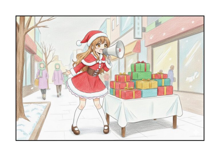 サンタ姿の少女がケーキ販売の塗り絵イラスト