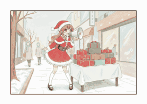 ケーキを売るサンタ姿の女の子の無料ぬりえイラスト｜小学生向け｜冬・クリスマス｜ダウンロード