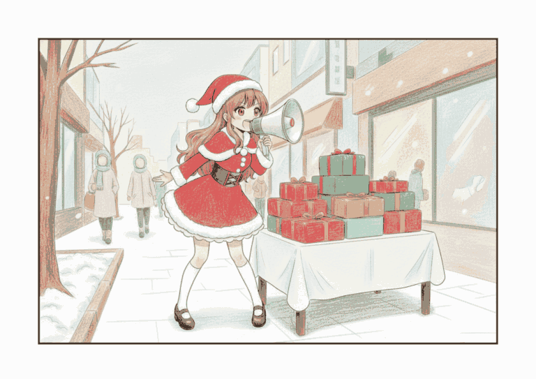 サンタ姿の少女がケーキ販売の塗り絵イラスト