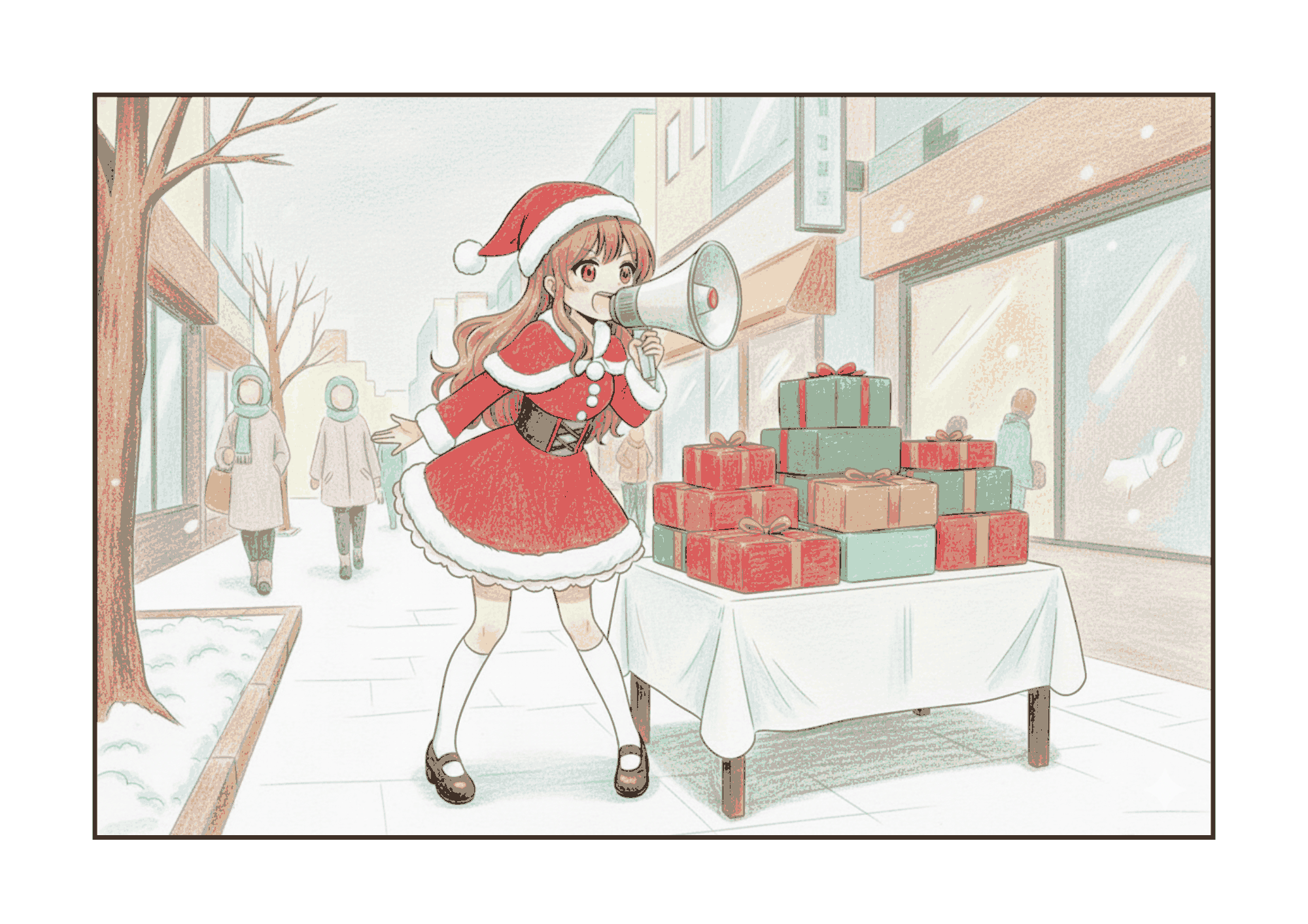 ケーキを売るサンタ姿の女の子の無料ぬりえイラスト｜小学生向け｜冬・クリスマス｜ダウンロード