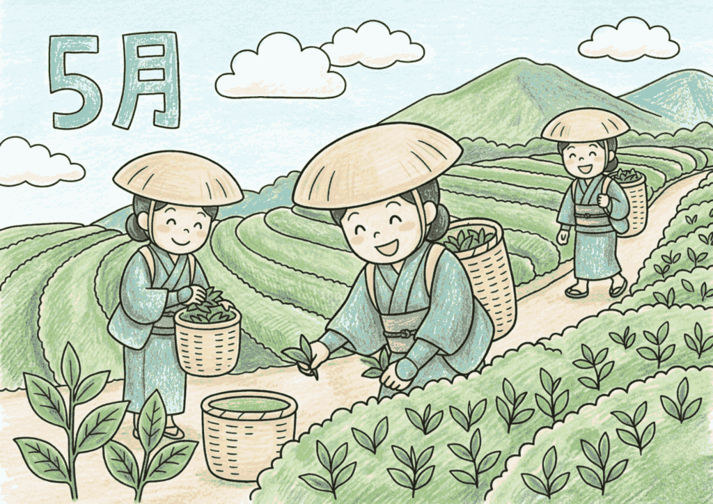 茶摘みの塗り絵イラスト カラー見本 八十八夜 茶畑 菅笠の女性 5月
