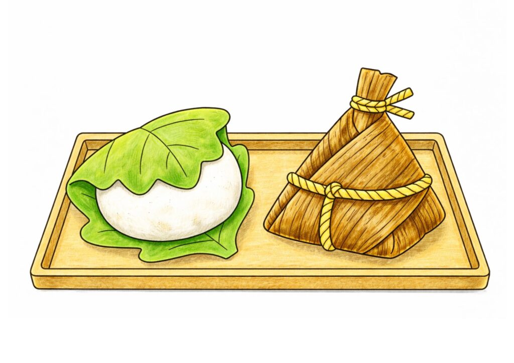 ちまきと柏餅の塗り絵イラスト カラー見本（無料・印刷OK）