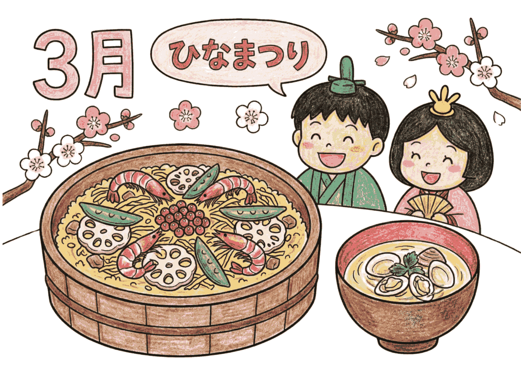 ひなまつりの塗り絵イラスト｜3月の行事食ちらし寿司と蛤のお吸い物｜高齢者向け無料素材ダウンロード