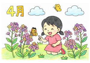 4月の春・蝶々と女の子の塗り絵イラスト