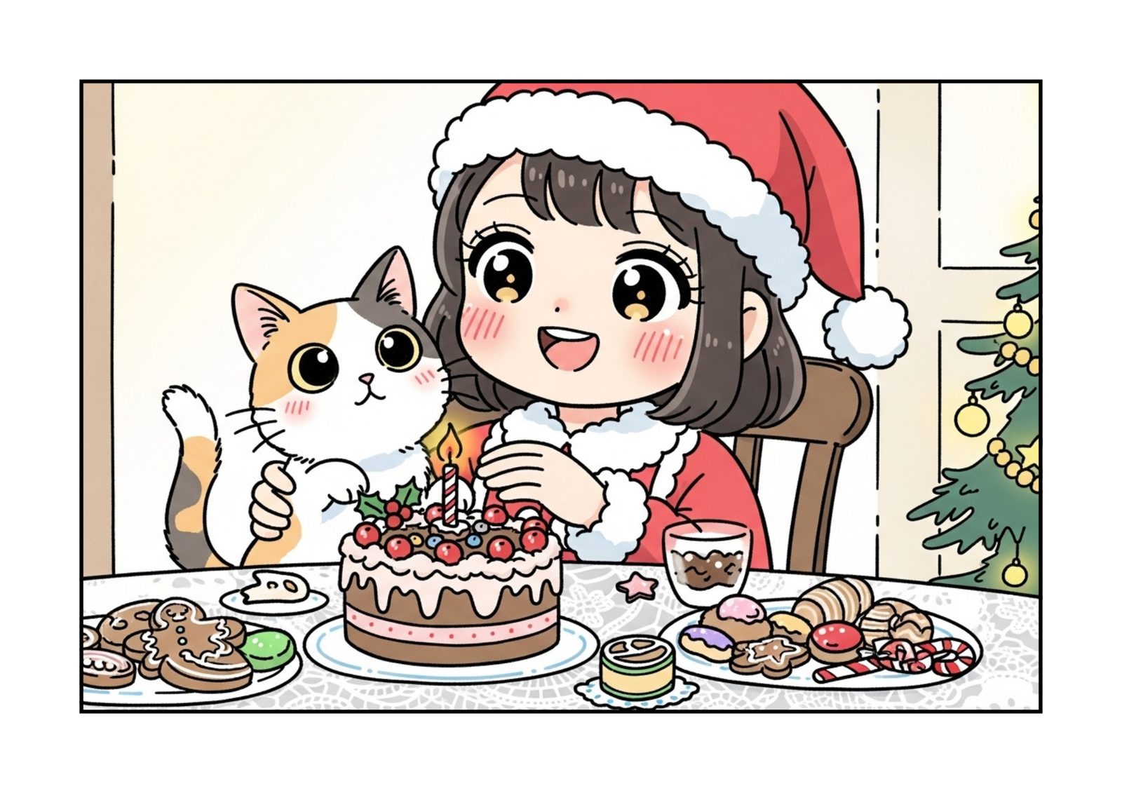 Christmas Cat and Cake Coloring Page — Free Printable for Adults & Seniors