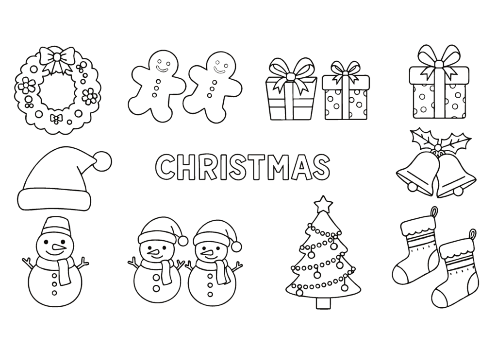 クリスマスの塗り絵イラスト 白黒 無料ダウンロード 印刷用