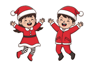サンタ服の子どもたちのぬりえ｜元気いっぱいのクリスマスイラスト【幼児向け無料素材】