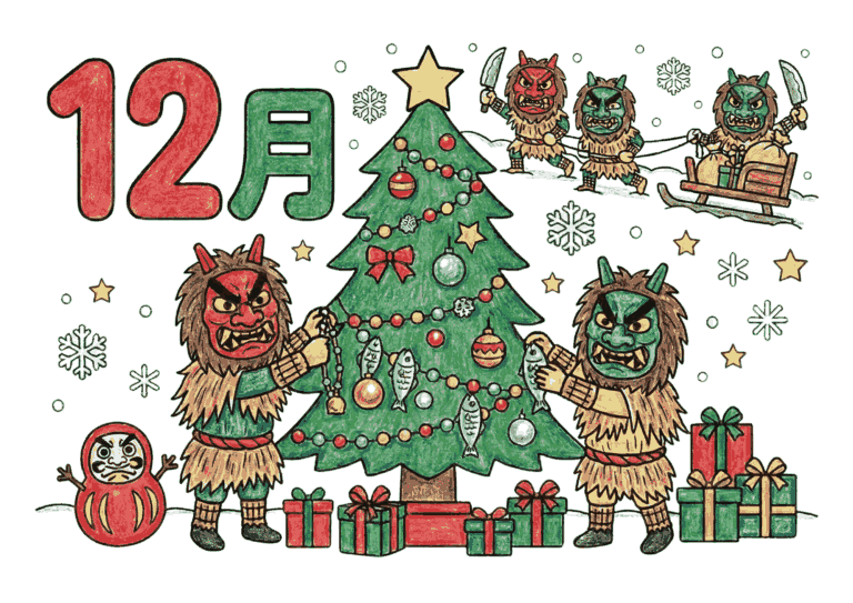 ナマハゲとクリスマスの塗り絵イラスト