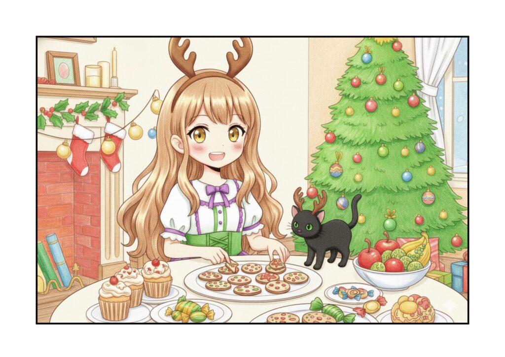 クリスマスパーティー準備の塗り絵イラスト カラー見本（無料・印刷OK）