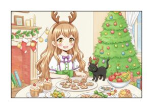 クリスマスパーティー準備の塗り絵イラスト カラー見本（無料・印刷OK）