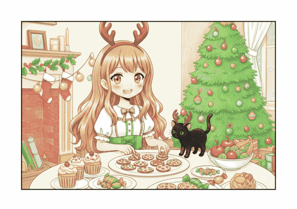 クリスマスパーティー準備中の女の子の無料ぬりえイラスト｜小学生向け｜かわいい｜冬の行事｜ダウンロード