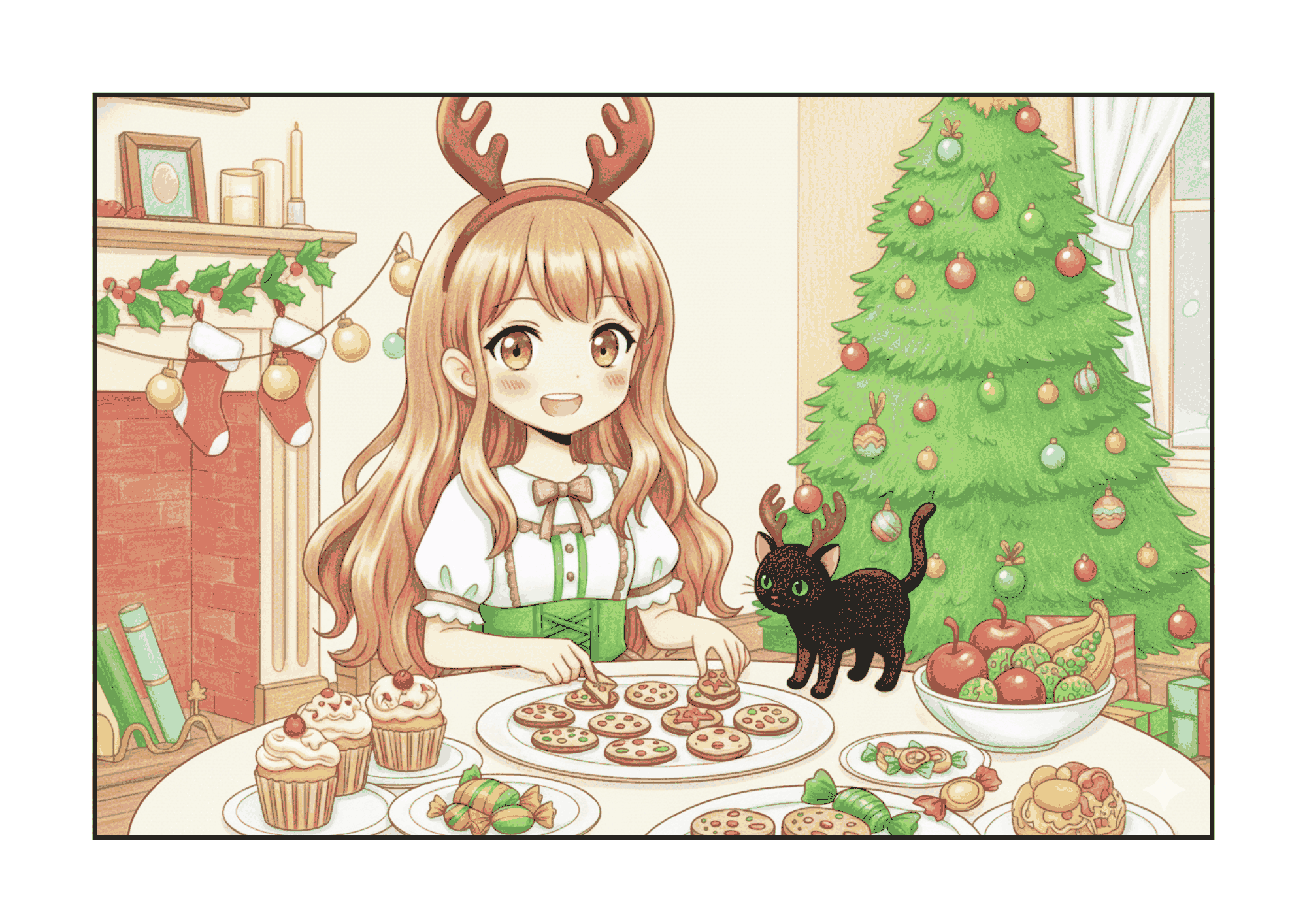 クリスマスパーティー準備中の女の子の無料ぬりえイラスト|小学生向け|かわいい|冬の行事|ダウンロード