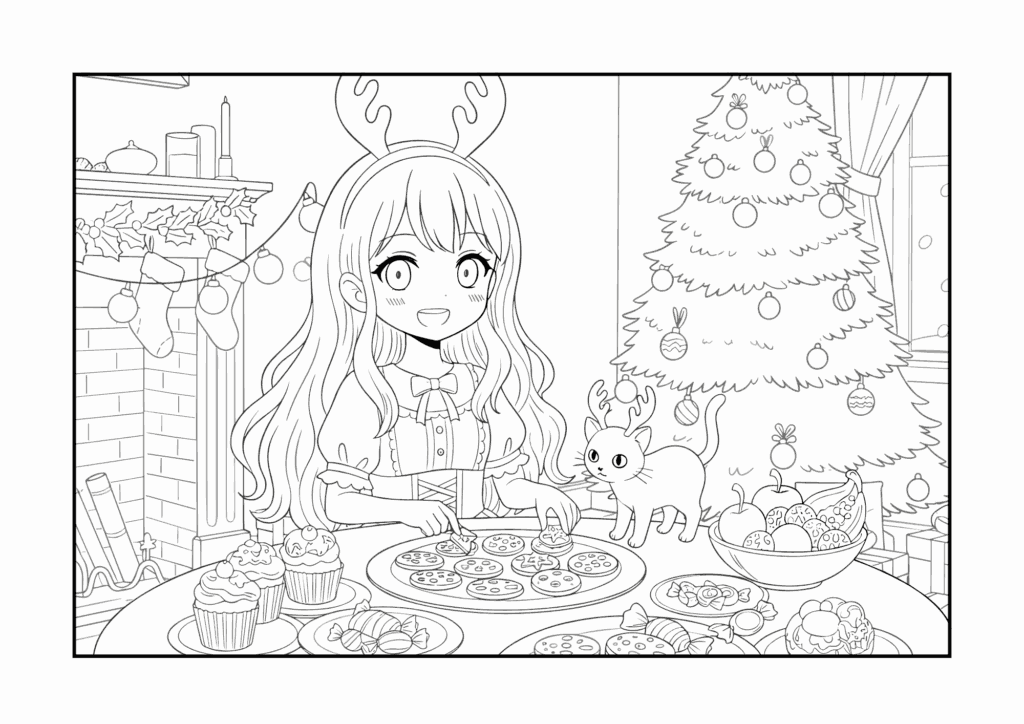 クリスマスパーティー準備のぬりえの塗り絵 白黒 無料ダウンロード 印刷用