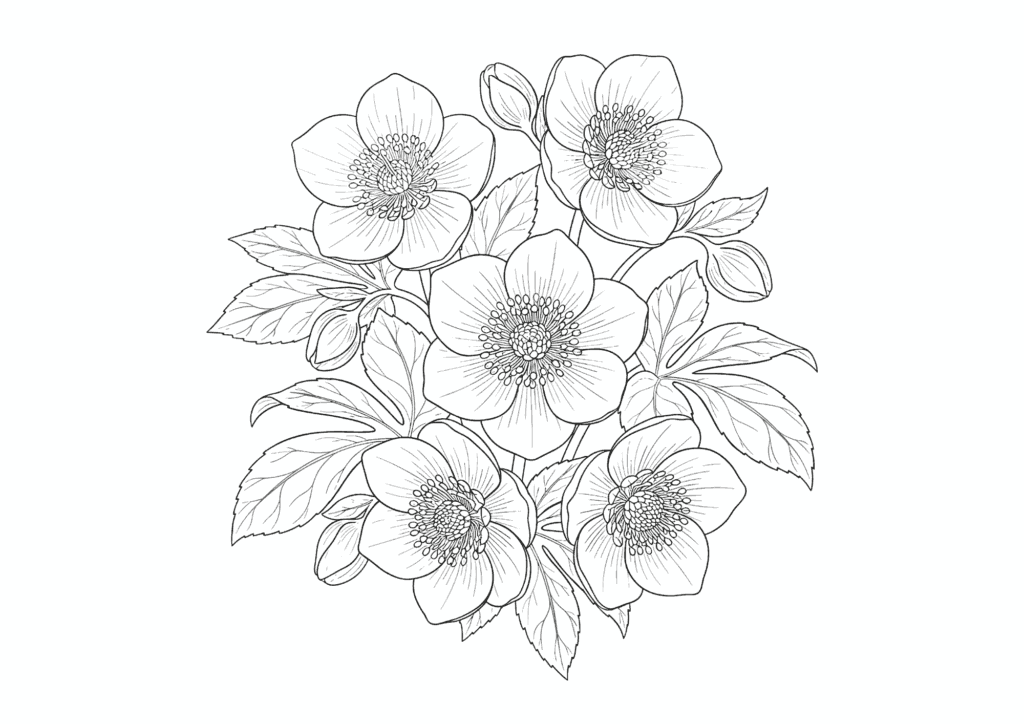 クリスマスローズの塗り絵 白黒 無料ダウンロード 印刷用