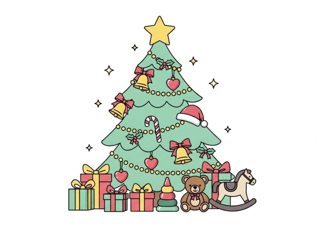 クリスマスツリーとプレゼントの塗り絵イラスト カラー見本（無料・印刷OK）