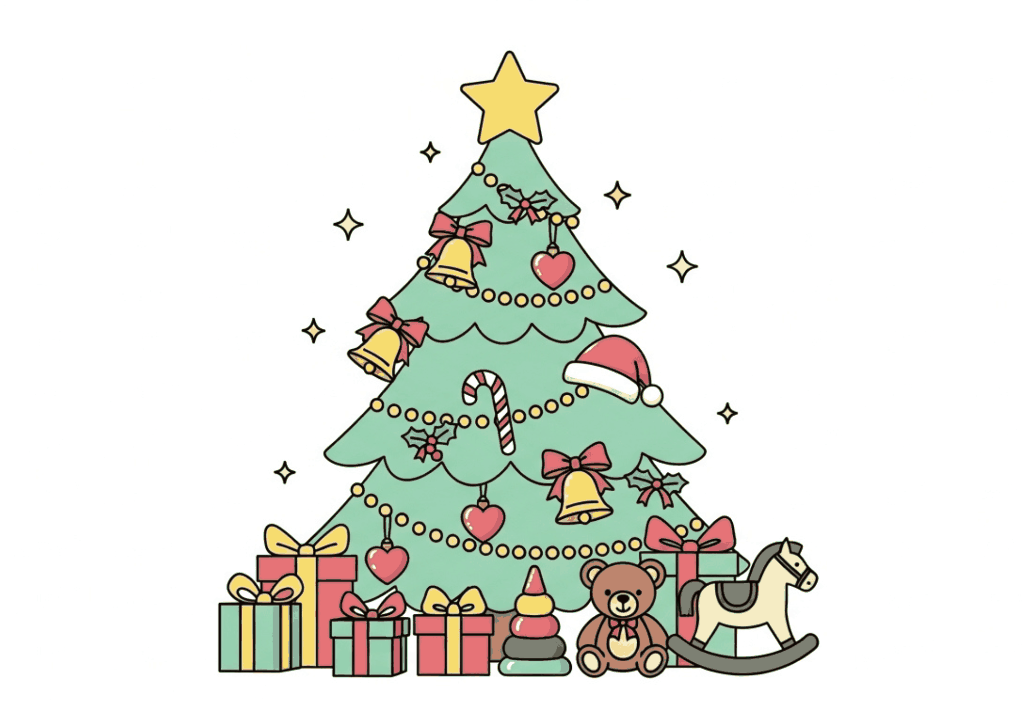 クリスマスツリーとプレゼントの無料ぬりえイラスト|子供向け|簡単・かわいい|冬イベント|ダウンロード
